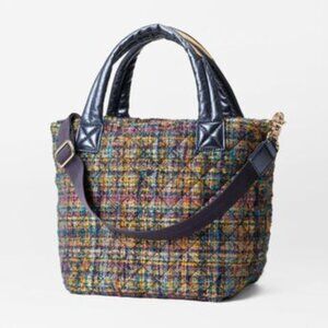 MZ WALLACE MINI METRO TOTE DELUXE Gold Multi Tweed with Metallic Blue Trim NWT